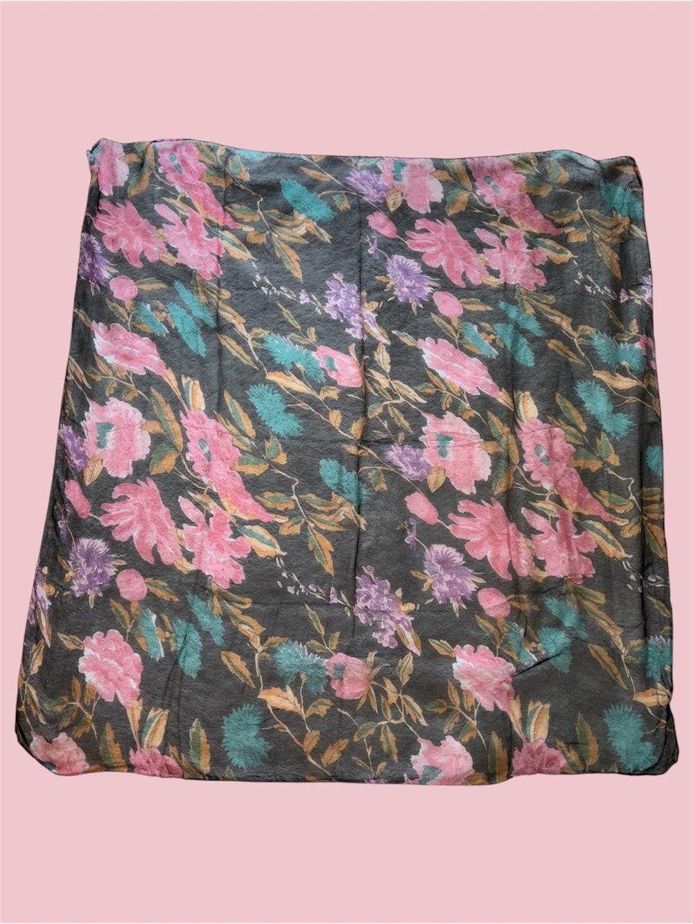 Black Sheer Handmade Scarf with Pink Teal and Purple Floral Design